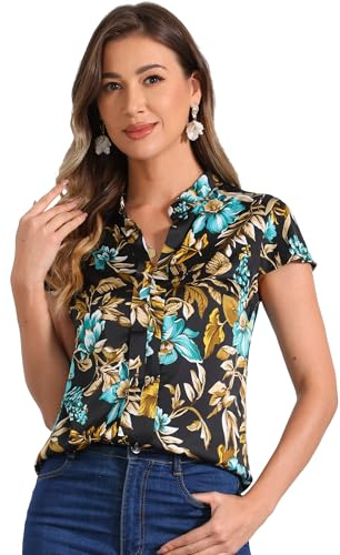 Allegra K Chemisier en Satin Femme à Fleurs Blouse de Bureau soyeuxet à col Montant Chic et élégante Noir S