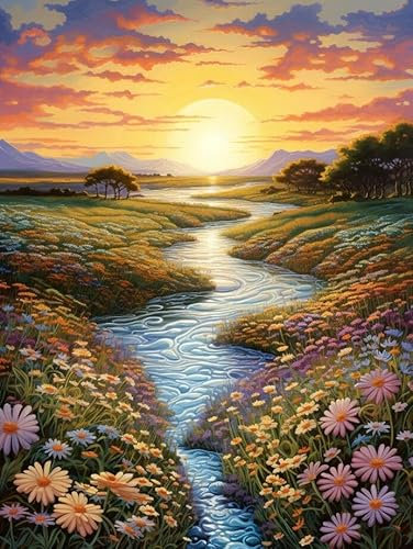 Taxpy Décoration murale paysage de ruisseau de fleurs,L,60 * 80cm Peinture Street Art Peinture À L'huile Impressions Sur Toile Moderne Pop Affiche Photo Sur Le Mur