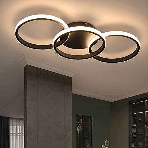 ZMH LED Deckenleuchte Wohnzimmer Deckenlampe - Schwarz Wohnzimmerlampe Modern Design Schlafzimmerlampe mit 3 Metall Ringe 3000K Warmweiße Küchenlampe 60 * 24cm - 36W Esszimmerlampe Flurlampe
