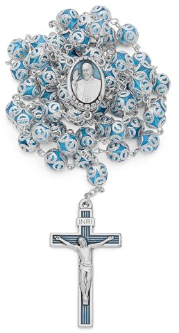 Mondo Cattolico - Rosario cattolico con perle in vetro blu in filigrana di Papa Francesco. Ideale come regalo religioso