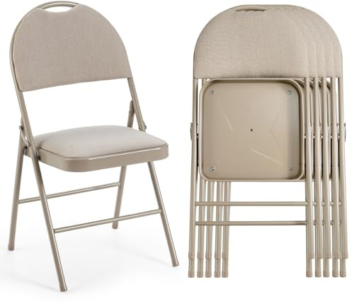 RELAX4LIFE Lot de 4 Chaise Pliante, Chaise Visiteur Pliable avec Siège Rembourré, Chaise de Conférence Empliable en Métal, Tissu Doux, Poignée, Aucun Assemblage pour Bureau, Salle Réunion (Beige)