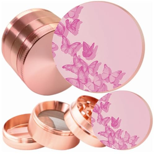 Pink Grinder - Four Piece Grinder with Full Print, Magnetic Top, Shark Teeth & Pollen Catcher - for Tobacco, Dry Herbs & Spices