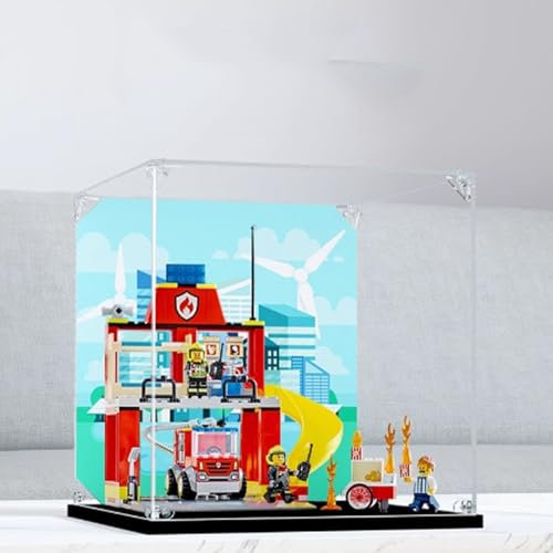 Genomskinligt akryldisplayfodral, för Lego 60375 brandstationer och brandmotormodell, genomskinlig låda, förvaringsbox, displaybox, kompatibel med 60375-modellen. (endast Displaybox) (svart bas)