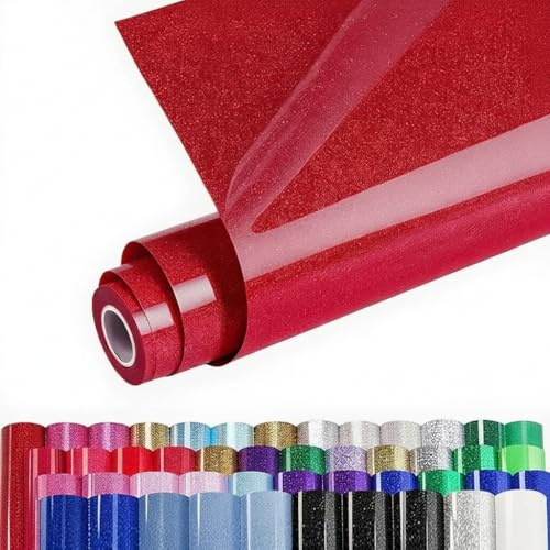 Glitter Heat Transfer Vinyl, Glitter HTV Vinyl Roll 12 x 5ft, Glitter Vinyl for Cameo and Heat Press (Bright Red, 12 x 5')