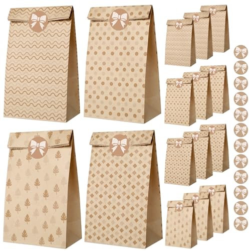 AiQInu Sac Cadeau 12PCS,Pochette Cadeau de avec 12 Autocollants,Papier Cadeau kraft,Sachet Bonbons Anniversaire Sac Cadeau Petit Format pour Mariage, Anniversaire, Noël, Halloween,Party
