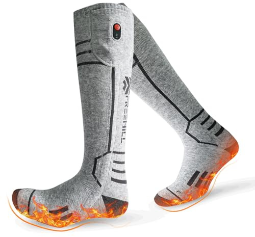 FREEHILL Merino Wool Heated Socks for Men Women, 5000mAh One-Click Control Rechargeable Cold Weather Heated Ski Socks (US, Alpha, Large, Regular, Regular, Gray)