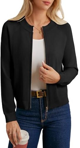 GRACE KARIN Women's Zip Cardigan Casual Knitted Jacket Sweater with Pockets | Raglan Long Sleeve Autumn Winter Cardigans Crew Neck Lightweight Stretch Ribbed Cardigans Office Casual Sweater Jacket