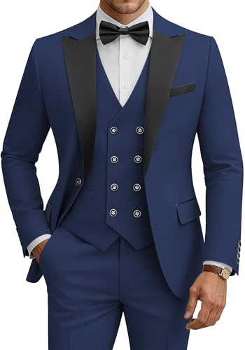WULFUL Men's 3 Piece Suits Slim Fit Tuxedo Suit Set Double Breasted Suit Jacket Vest Pants Set for Wedding Prom Navy