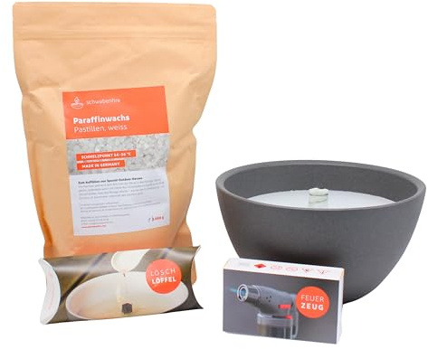 Schwabenfire Spezial Outdoor Kerze Terrakotta Anthrazit 23cm + 1KG Wachs + Jet Feuerzeug + Dochtlöscher mit Dauerdocht Wachsfresser für Kerzenreste große Outdoorkerze Tischfeuer Geschenke für Frauen