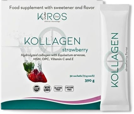 KIROS KOLLAGEN STRAWBERRY – Collagene Idrolizzato 10g con Vitamina C, MSM, Silicio ed Equiseto – Integratore per Articolazioni, Pelle, Capelli e Unghie – Collagene in Polvere, 30 Bustine Gusto Fragola