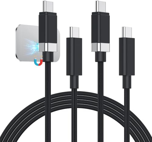 Magtame 2-pack StayCable magnetisk USB C till USB C-kabel 5 FT/1,5 m, 3 A 60 W snabbladdning typ C laddkabel, anti-drop nylon flätad kabel för säng, skrivbord, bil