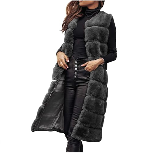 duxyoz Faux Fur Coats Gilets For Women Uk Winter Warm Sleeveless Vest Coat Shaggy Long Jacket Elegant Fluffy Body Warmer Waistcoat Casual Outwear Longline Open Front Cardigans Overcoat 01 Black