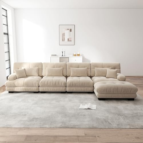 Rvjiahe Divano angolare modulare, set divano a forma di L, per soggiorno, 4 posti, comodi divani cloud con pouf mobile, combinazione fai da te (marrone chiaro+4 posti)