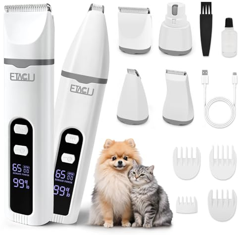ETACCU 4in1 Leise Schermaschine Hund Katze mit LED-Anzeige, Hundeschermaschine Pfotentrimmer für Katzen Haarschneidemaschine & Krallenschleifer für Körper, Pfoten, Augen, Ohren, Gesicht