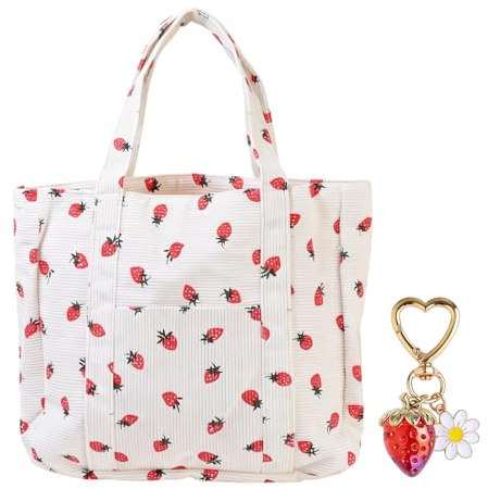 Kaiyzo Bolso Tote Bag De Pana, Fresa Bolso Hombro Mujer Con Fresa Colgantes Para Bolsos, Grande Bolsa De Playa Con Cremallera, Adecuado Para El Trabajo, La Playa, Los Viajes, La Escuela Y Las Compras