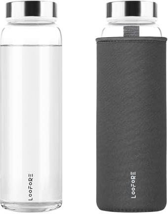 LOOFORE 1 liter glasflaska, 1 000 ml, BPA-fri, läckagesäker, återanvändbar borosilikatflaska, glasflaska för kontor, sport, camping, barn och vuxna, set med 1 st