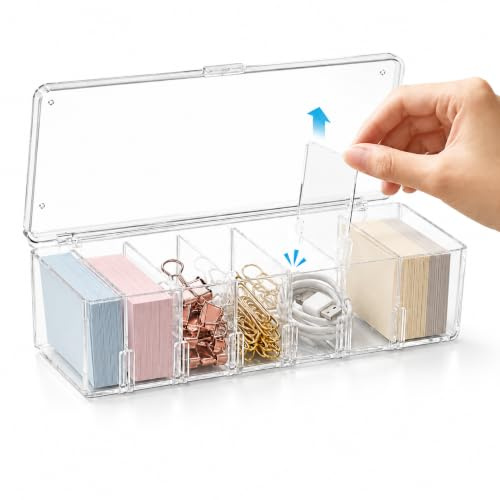 Morvexa Boîte de Rangement Cartes Transparente, Boîte Cartes de Visite avec Couvercle, 26x10x7,5 cm Organiseur Bureau avec Séparateurs Amovibles pour Câbles, Papeterie, Cosmétiques