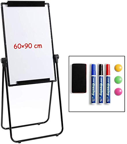 DOEWORKS Flip Chart Easel Whiteboard 90x60cm U-Stand, Double Sides Magnetic White Board Flipchart, Height Adjustable and Foldable Whiteboard for Home School Office, Black