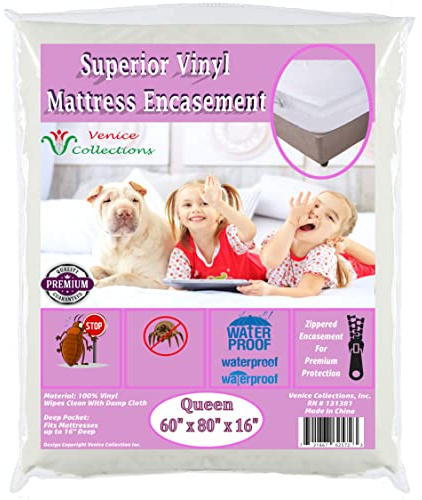 Superior Extra Heavy 8 Gauge Vinyl Mattress Protector Zippered Encasement Cover 100% Waterproof Queen White