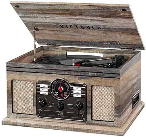 Victrola The Quincy 6-in-1 Bluetooth Record Player & Multimedia Center with Built-in Speakers – 3-Speed Turntable, CD & Cassette Player, FM Radio, Wireless Music Streaming (Farmhouse Shiplap Grey)