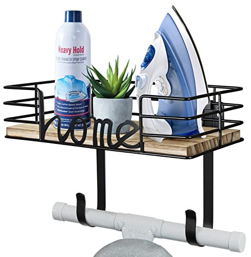TJ.MOREE Support mural pour planche à repasser – Support pour fer et planche à repasser avec grand panier de rangement en bois et crochets amovibles (noir)