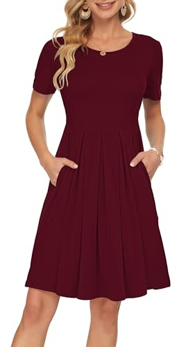 AUSELILY Vestido Informal de Manga Corta con Pliegues Sueltos y Manga para Mujer Vino Rojo,S