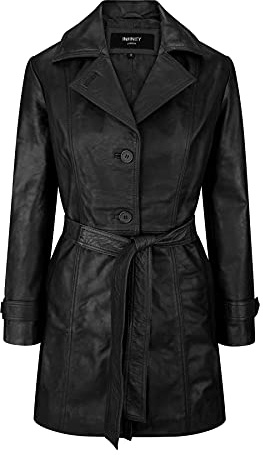 Ladies Women Real Leather Mid Length Blazer Style Retro Jacket - Black XL