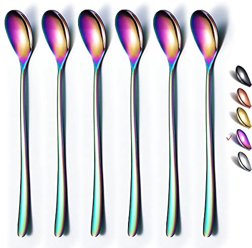 Rainbow Long Handle Spoons, Coffee Stirrers, Premium Stainless Steel Coffee & Ice Cream Spoons, Set of 6 (Colorful)