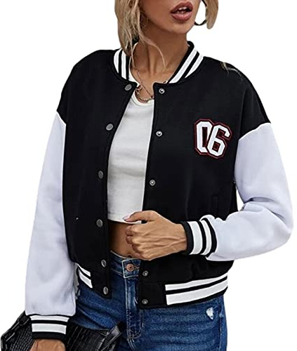 Yassiglia - Veste de baseball pour femme - Veste d’université - Manteau d'hiver pour fille - Blouson court, vintage - Pour automne et printemps, Noir , S