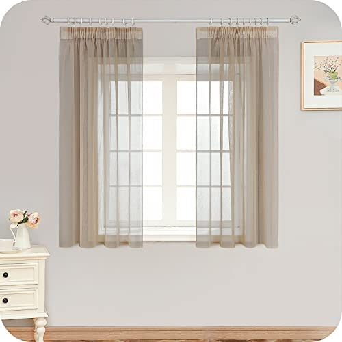 MRTREES Gardinen mit Kräuselband Stores Gardinen Beige kurz transparent 145X140cm (HXB) Schlaufenschals 2er Set Vorhänge in Leinenoptik für Wohnzimmer Schlafzimmer Mädchen Jugend Curtains