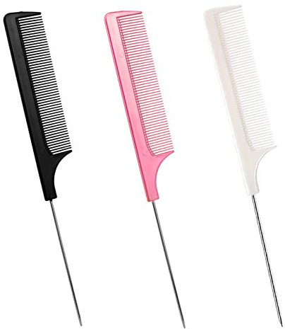 TCPENG 3-in-1 Rat Tail Comb Set - Anti Static, Heat Resistant, Fine Tooth Barber Comb with Stainless Steel Handle - Pink, White, Black