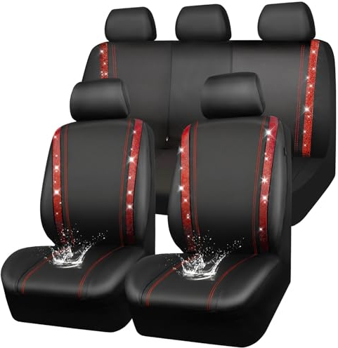 CAR PASS Fundas Impermeables de Cuero para Asientos de Coche, Cristal de Diamante Brillante Bling, Universal para el 95% de Todos los Coches SUV Camiones, Mujeres Hombres (Juego Completo, Rojo)