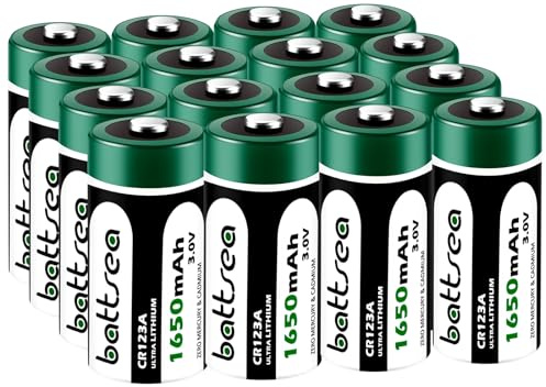 Battsea CR123A 3V Litiumbatteri, 1650mAh 16 Pack CR17345 / CR123 / 123A / 123 Fotobatterier PTC Skyddad med 10 års hållbarhet för kameror Ficklampor Sensorer Nyckellösa lås Larmsystem
