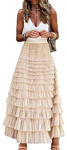 Gratoryna - Falda Larga de Tul para Mujer con diseño de línea A, Volantes de Malla, Cintura Alta, Falda escalonada y en Capas, Albaricoque, M