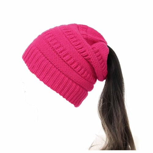 SHTGOI Hästsvans mössa ull stickad mössa mjuk stretch vintermössa med loop flätor hål slouch beanie mössa grovstickad virkad mössa varm hatt för kvinnor och flickor med långt hår, ROSA, One size
