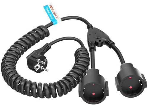 YUESEC Skyddskontakt spiralförlängning, 1 till 2 skyddskontakt spiralkabel, 1 m till 7 m töjbar extra lång spiralkabel med skyddande kontaktlindning, 230 V/16 A PVC förlängningskabel, svart.