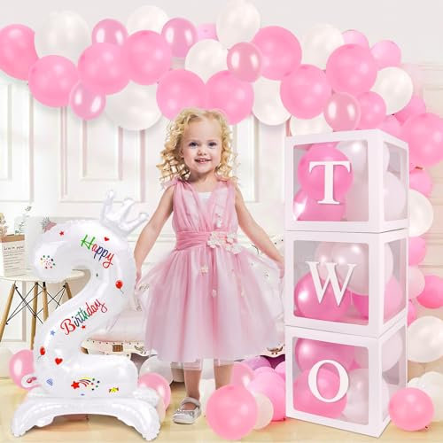 SelfTek 2nd Birthday Decorations for, 3 Pcs Transparent Balloon Boxes with TWO Letters, 32 Inch Number 2 and 24 Pink White Balloons, Balloon Blocks for Two Year Old Birthday Party