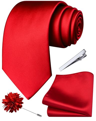 Branduce Red Tie for Men Wedding Solid Satin Silk Blend Necktie Pocket Square Tie Clip and Lapel Pin Brooch Set (TA14-01)