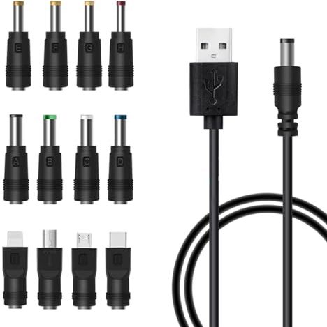 Lunpog USB till DC-kontaktkabel, 12 i 1 USB A till ihålig kontakt laddningskabel strömkabel adapterkabel med 12 kontakter för router, rakningsenhet, TV-box, 1 m (svart)