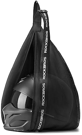 ROCKBROS Sac de Casque de Moto 15L Sac à Bandoulière Portable Sangle Épaule Réglable 63-105cm Porte Casque Crochet Poche Filet Intégré Logo Réfléchissant pour Casque de Moto Vélo Basketball Noir