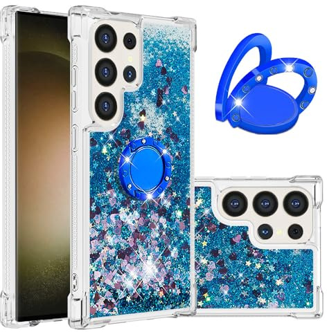 IMIRST telefonfodral kompatibelt med Samsung S25 Ultra (6,7 tum) bling flytande glitter diamantring skal stötsäker airbag skyddande fodral för Samsung Galaxy S25 Ultra. YBK kärlek blå