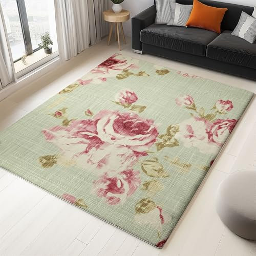 Teppich Waschbar Grün Rosa 50 x 80 cm Teppiche Wohnzimmer Weiche Kurzflor Teppich Leicht zu Reinigen Teppich für Wohnzimmer Schlafzimmer Arbeitszimmer Küche Shabby Chic Rose