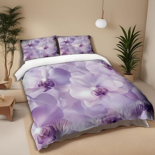 Juego de ropa de cama de 135 x 200 cm, color lila y blanco, diseño de orquídea y lavanda, suave microfibra, ropa de cama y funda de almohada de 80 x 80 cm