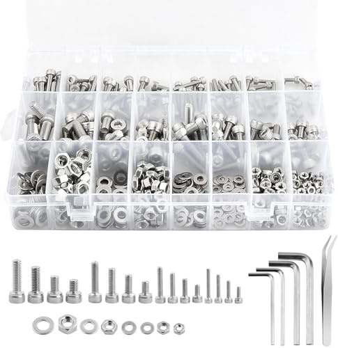 520 Pz Set di Viti M3 M4 M5 M6, Viti a Testa Piatta con Esagono Incassato, Testa a Brugola con Dadi e Rondelle Esagonale, viti a testa cilindrica in acciaio inox, con dado e rondelle assortite