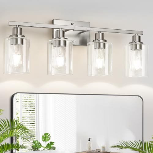 MOKATNG 4-Light Bathroom Light Fixtures, Vanity Light with Clear Glass Shades, Brushed Nickel Bathroom Light Fixtures Over Mirror, Modern Bathroom Wall Lamp for Mirror Living Room Cabinet Bedroom