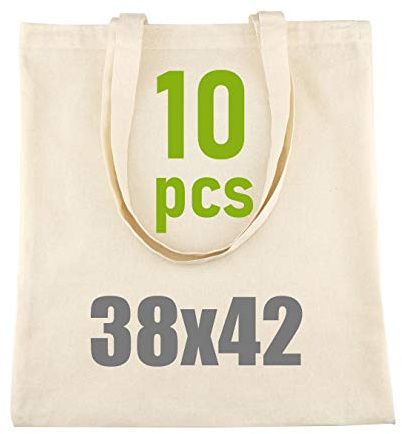 Idea Home Juego de 10 Bolsas de Algodón Bremen (38 x 42 cm) - Bolsa de Yute sin Imprimir - Robusta Bolsa de la Compra - Reutilizable - Colores Naturales