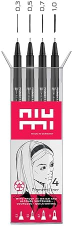 niumi Pigmentliner Starter Set 2 | 4 Finliner 0.3/0.5/0.7/1,0 mm | dokumentenecht, wasserfest | für Outlines, Manga, Skizzen, Lettering, techn. Zeichnen | schwarz