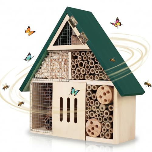 Bonalake Bee Houses for the Garden, Natural Wood Insect Hotel with Green Roof, Hanging Habitat for Mason Bees, Ladybugs & Beneficial Insects, Outdoor Garden Decor Bee House Carpenter House