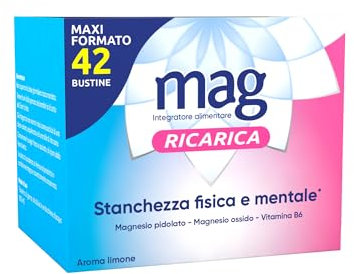 Mag Ricarica - Integratori per Adulti con Magnesio Pidolato, Magnesio Ossido, Vitamina B6 per Stanchezza Fisica e Mentale - Senza Glutine, Senza Lattosio (MaxiFormato 42 Bustine Aroma Limone)
