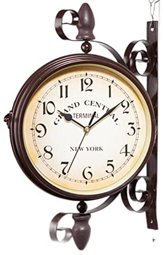 SPORTARC Doppelseitige Wanduhr, 20,3 cm, Vintage-Wanduhr, Wandmontage, für 360° drehbar, Retro-Bahnhofsuhr, Schmiedeeiserne Uhr für Innenbereich, Terrasse, Garten